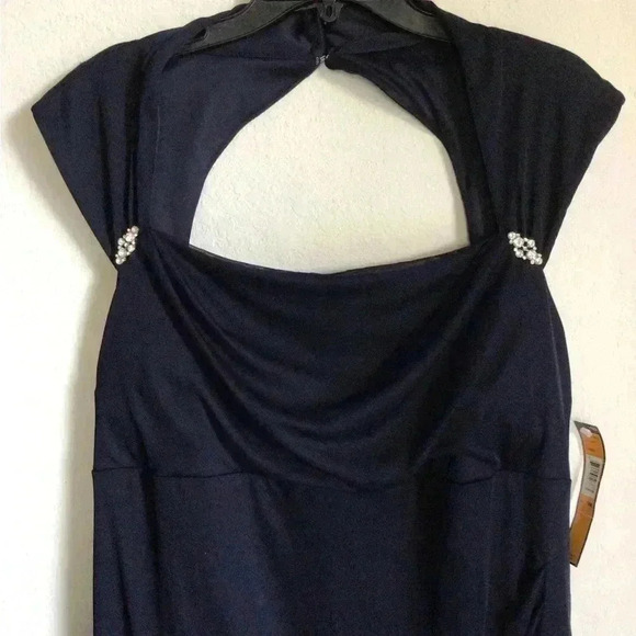ILE EVENING Jeweled Cap Sleeve Jersey Navy Maxi Dress Cutout Ruching Formal 18W - Picture 6 of 14